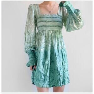 Urban Outfitters Isobel Smocked Crushed Velvet Jeweled Mini Dress Ombre Green L